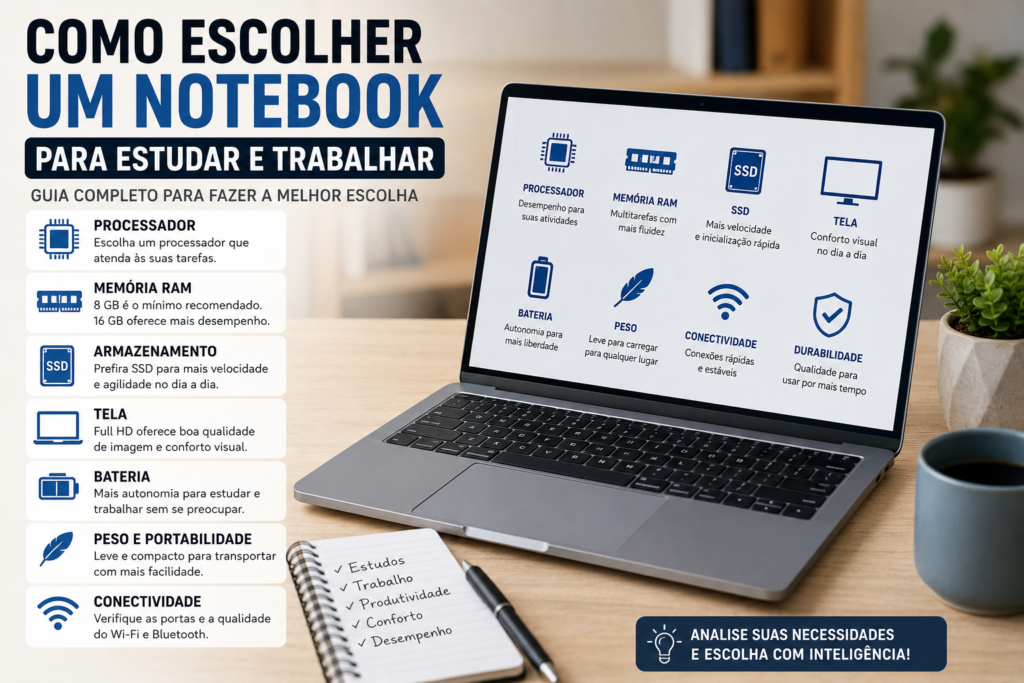 Como escolher um notebook para estudar e trabalhar, considerando processador, memória RAM, SSD, tela, bateria, peso e conectividade.