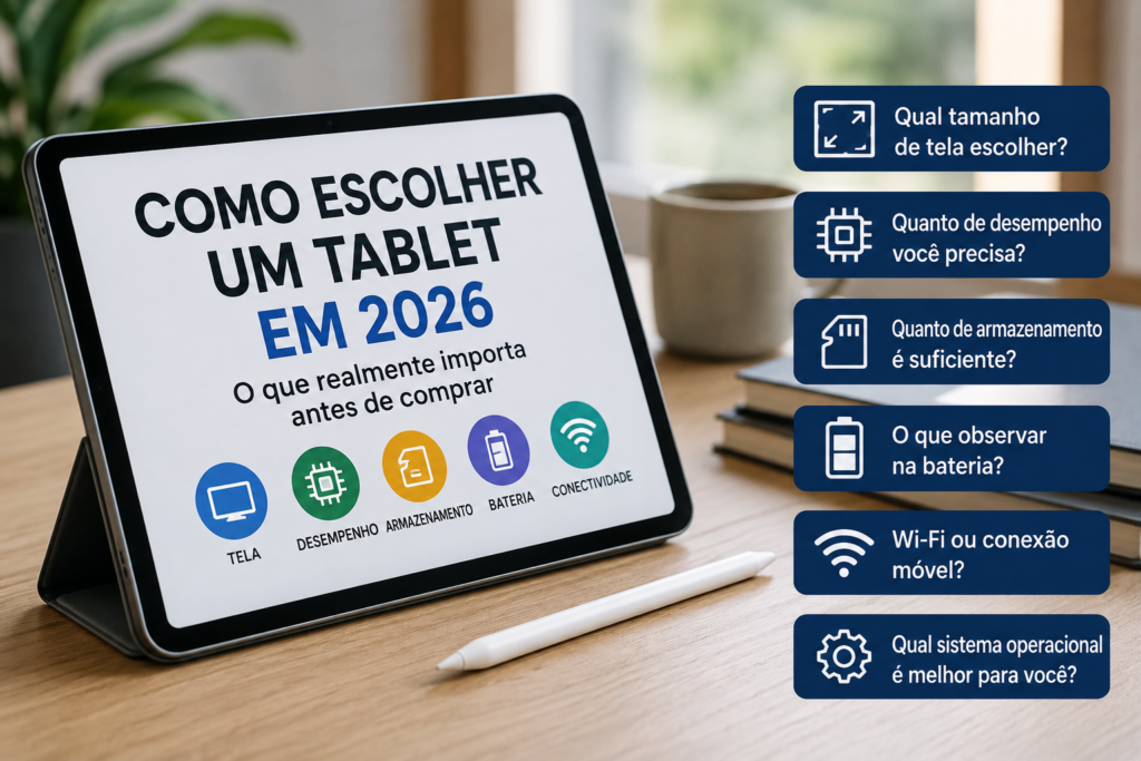 Como escolher um tablet em 2026: tela, desempenho, armazenamento, bateria e conectividade