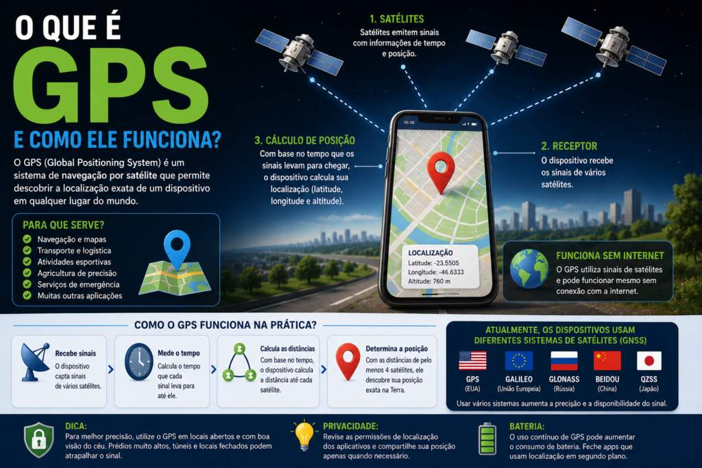 O que é GPS e como ele funciona, mostrando satélites enviando sinais para um celular calcular sua localização.