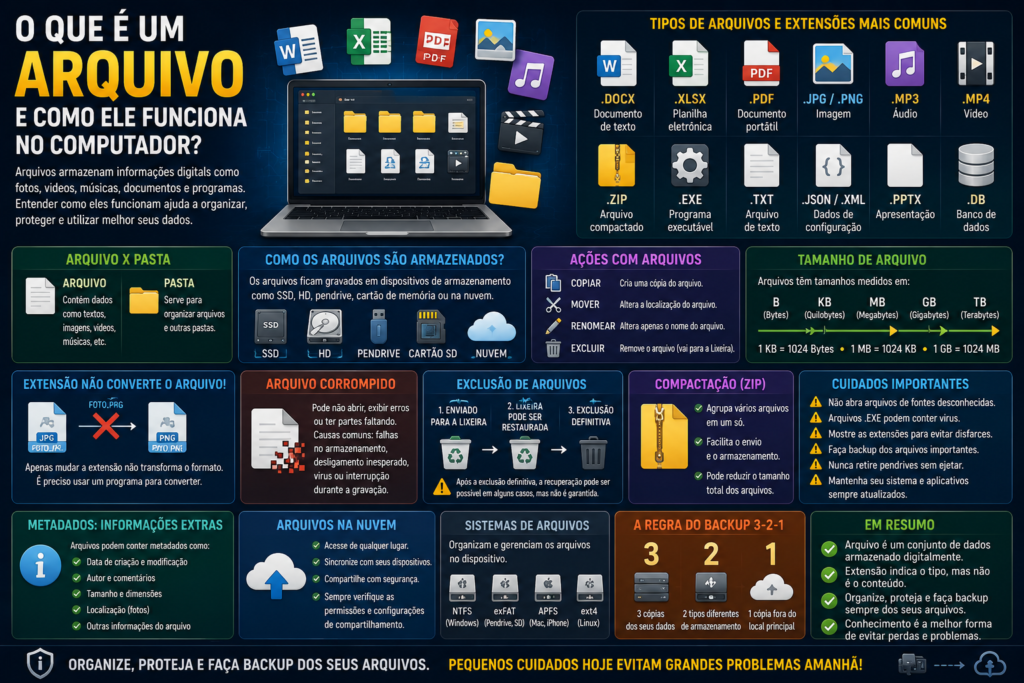 O que é um arquivo e como ele funciona no computador, mostrando tipos de arquivos, extensões, armazenamento, compactação, exclusão, metadados e backup.
