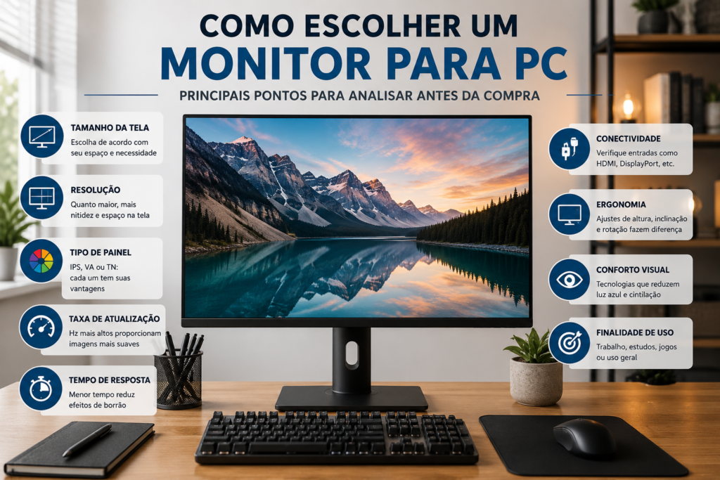 Como escolher um monitor para PC: tamanho, resolução, painel, taxa de atualização e ergonomia.