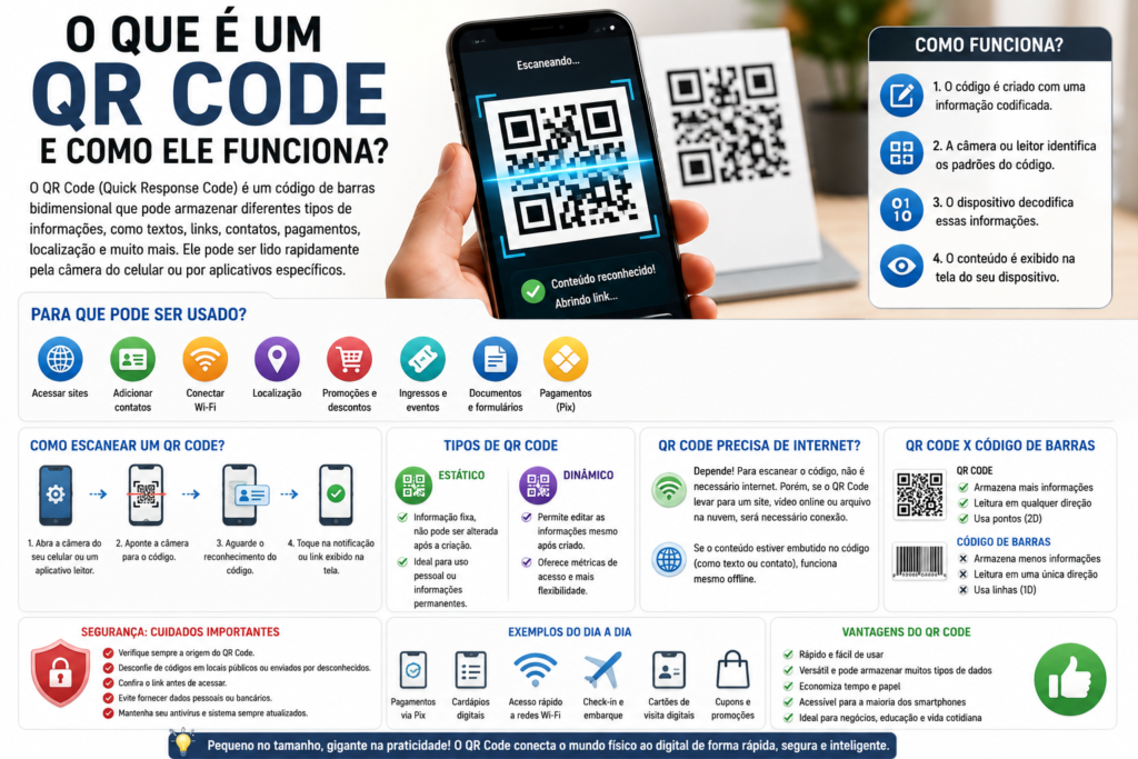O que é QR Code e como ele funciona, mostrando como escanear, tipos de QR Code, usos, código de barras e cuidados de segurança.

