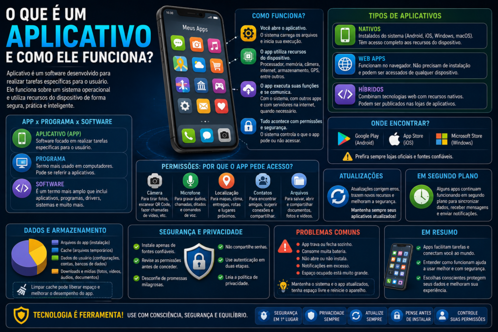 O que é aplicativo e como ele funciona, mostrando tipos de apps, permissões, atualizações, armazenamento, segurança e funcionamento em segundo plano.