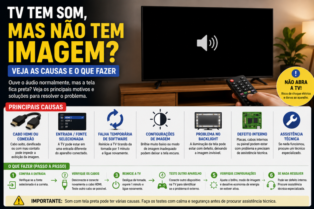 TV tem som mas não tem imagem, mostrando televisão com tela preta e possíveis causas do problema.