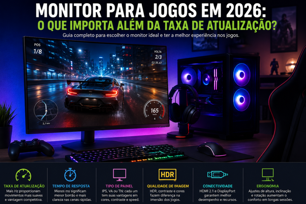 Monitor para jogos em 2026 com setup gamer e recursos importantes para escolher uma tela.