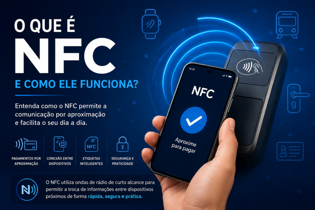 O que é NFC e como ele funciona, mostrando celular realizando comunicação por aproximação