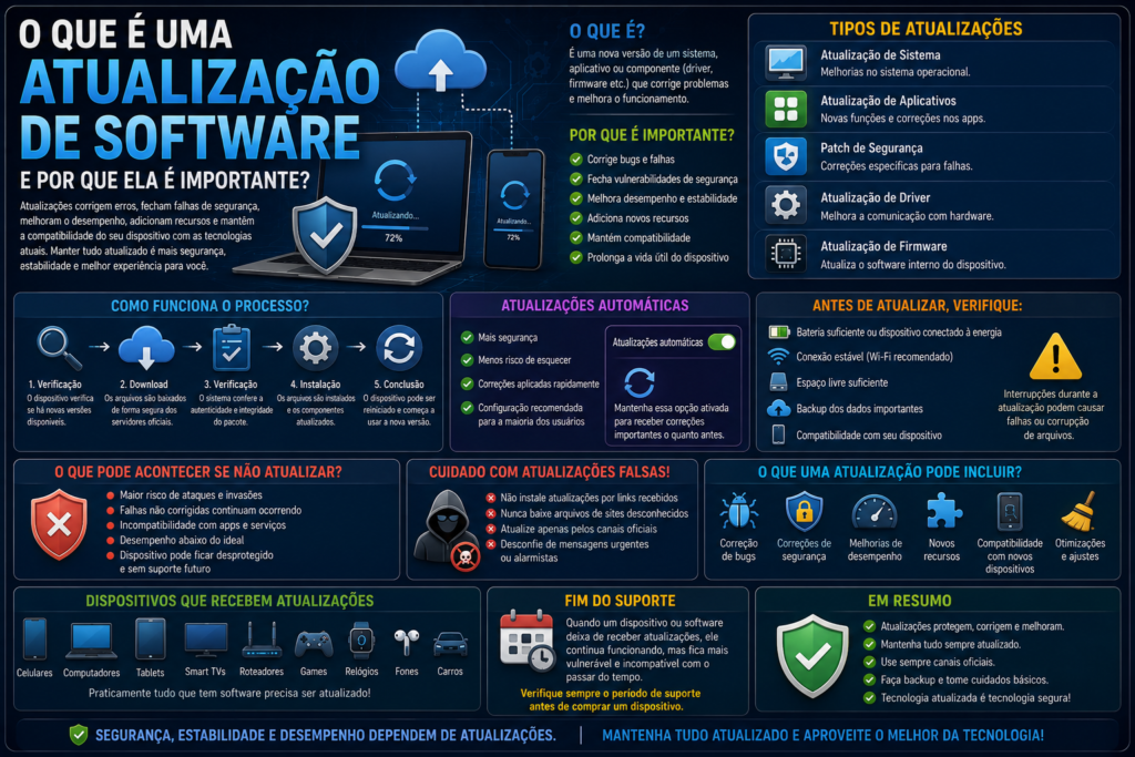 O que é atualização de software e por que ela é importante, mostrando correções de segurança, bugs, drivers, firmware, backup e atualizações automáticas.
