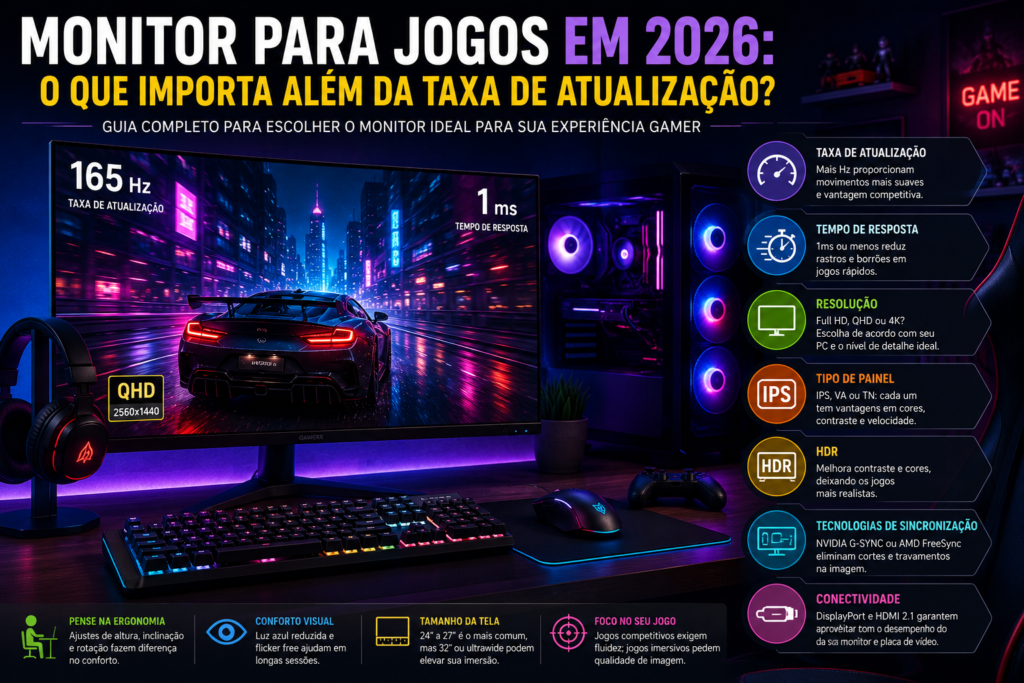 Monitor para jogos em 2026 com taxa de atualização, resolução, tempo de resposta e recursos gamer.