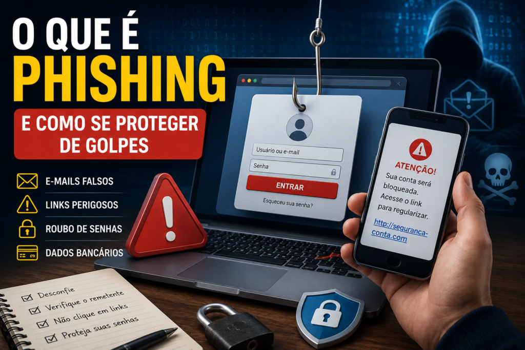 O que é phishing e como se proteger de golpes, com exemplo de mensagem falsa, link suspeito e roubo de dados.