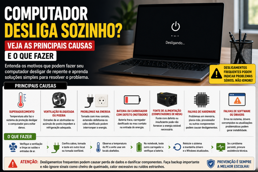 Computador desliga sozinho, mostrando notebook desligando e possíveis causas como superaquecimento, energia e falhas de hardware.