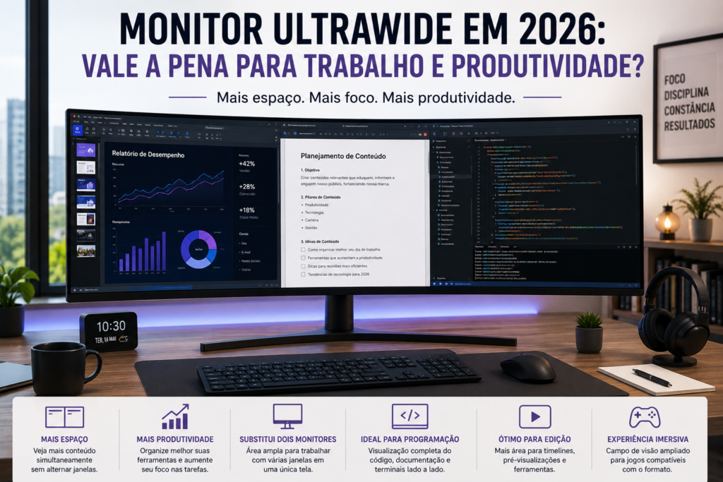 Monitor ultrawide para trabalho e produtividade com várias janelas na tela.