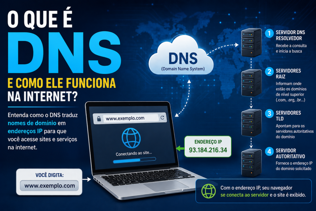O que é DNS e como ele funciona na internet, mostrando a conversão de nomes de domínio em endereços IP.