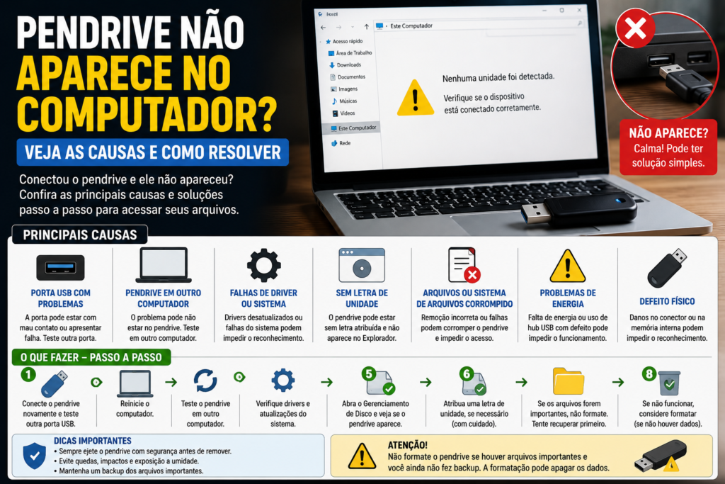 Pendrive não aparece no computador, mostrando dispositivo USB conectado e possíveis causas como porta USB, driver e falha no armazenamento.