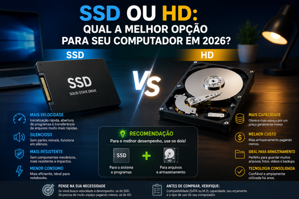 Comparação entre SSD e HD mostrando velocidade, capacidade, desempenho e armazenamento.