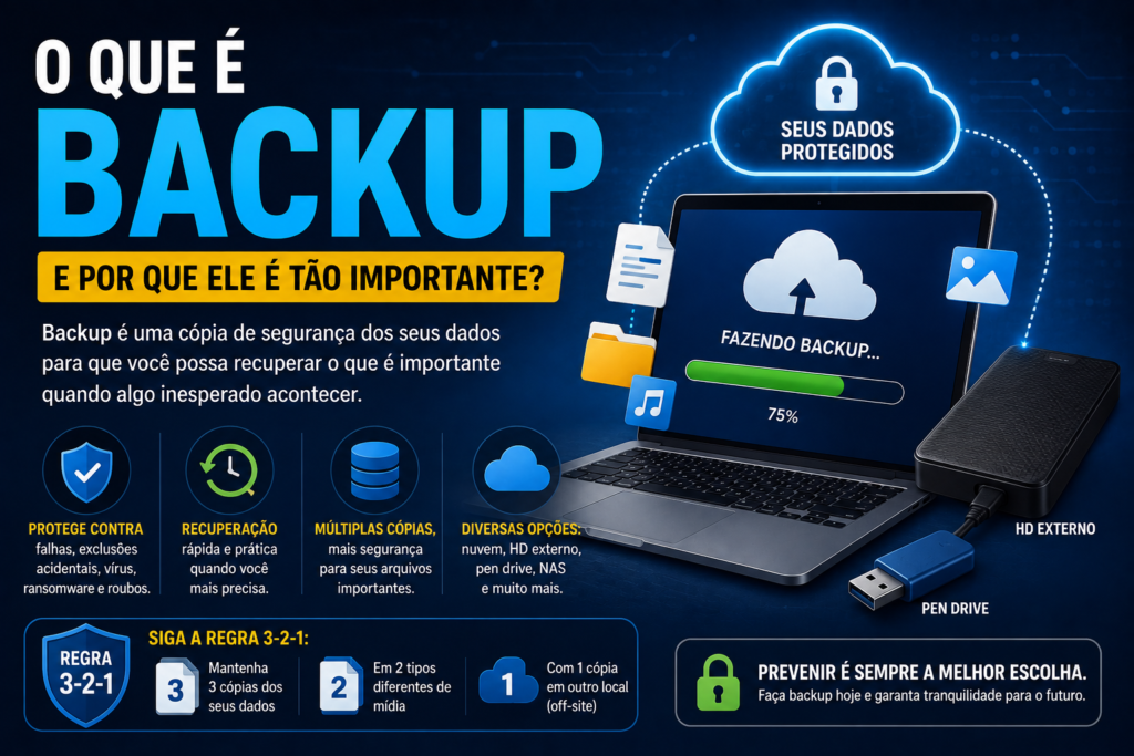 O que é backup e por que ele é importante, mostrando cópia de segurança na nuvem, HD externo e proteção de arquivos.