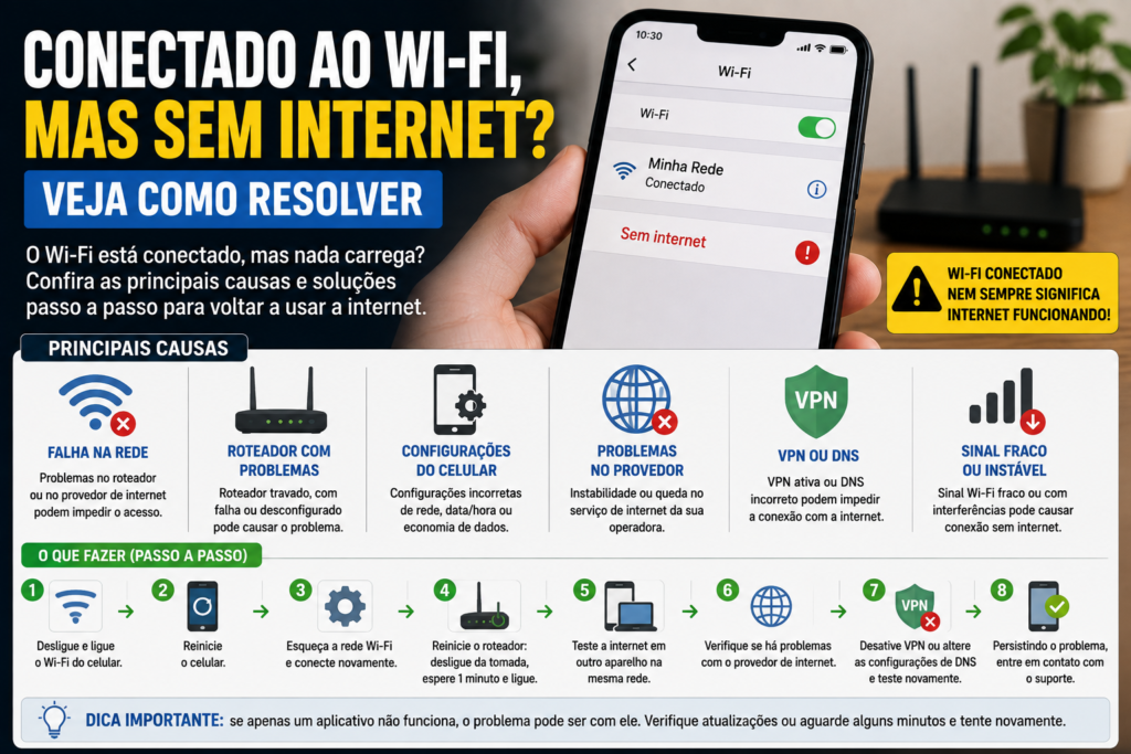 Celular conectado ao Wi-Fi mas sem internet, mostrando smartphone conectado à rede e possíveis causas do problema de conexão.