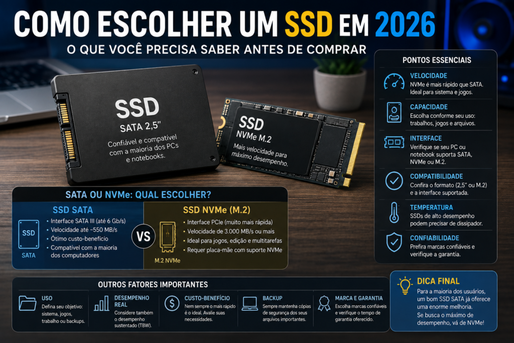 Como escolher um SSD em 2026 comparando SSD SATA e NVMe, capacidade, velocidade e compatibilidade.