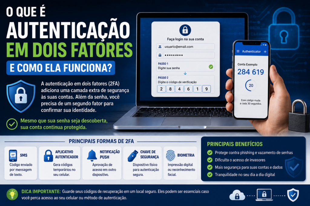 O que é autenticação em dois fatores e como ela funciona, mostrando senha e código de verificação como duas etapas de segurança.