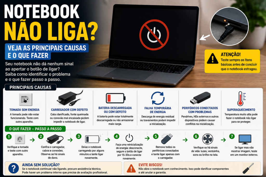 Notebook não liga, mostrando computador sem energia e possíveis causas como carregador, bateria, tomada e superaquecimento.