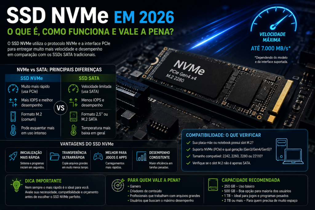 SSD NVMe em 2026 com comparação entre NVMe e SATA, velocidade, compatibilidade e desempenho.