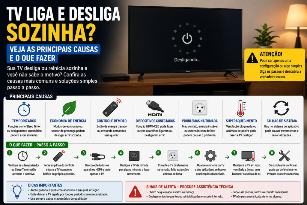 TV liga e desliga sozinha, mostrando televisão reiniciando e possíveis causas como temporizador, controle remoto, HDMI e superaquecimento.
