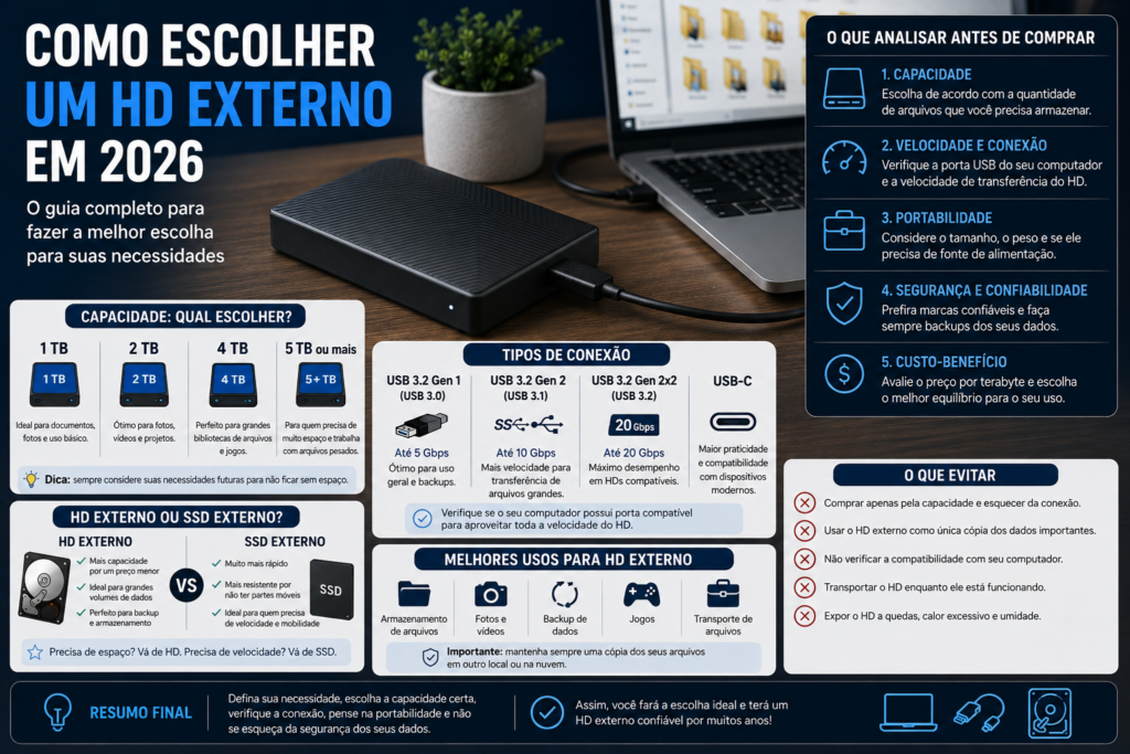 Como escolher um HD externo em 2026: capacidade, conexão, portabilidade, segurança e custo-benefício.