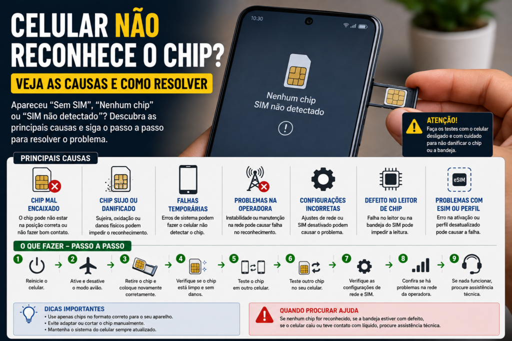 Celular não reconhece o chip, mostrando smartphone com SIM não detectado e possíveis causas e soluções para o problema.