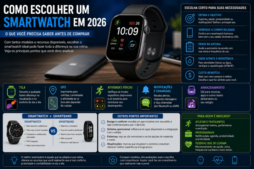 Como escolher um smartwatch em 2026: bateria, compatibilidade, GPS, tela, resistência e recursos.