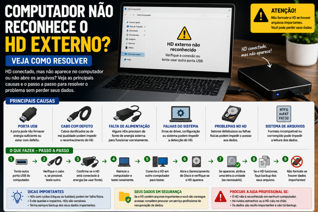 Computador não reconhece HD externo, mostrando disco conectado ao notebook e possíveis causas e soluções para o problema.