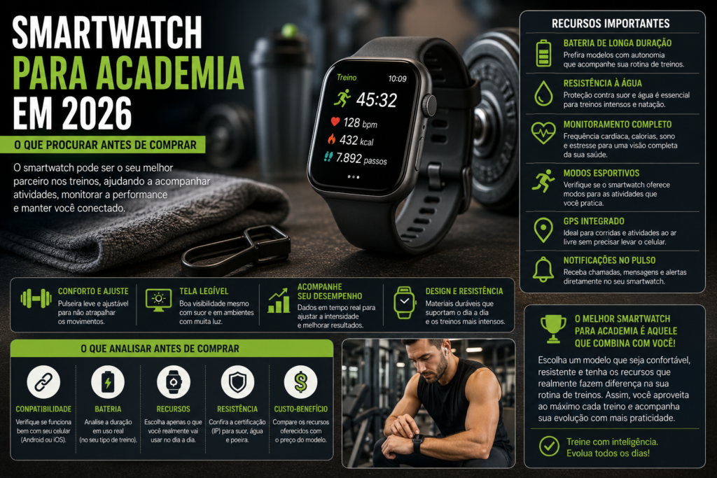 Smartwatch para academia em 2026 com recursos para treinos, bateria, resistência à água, GPS e monitoramento de atividades.