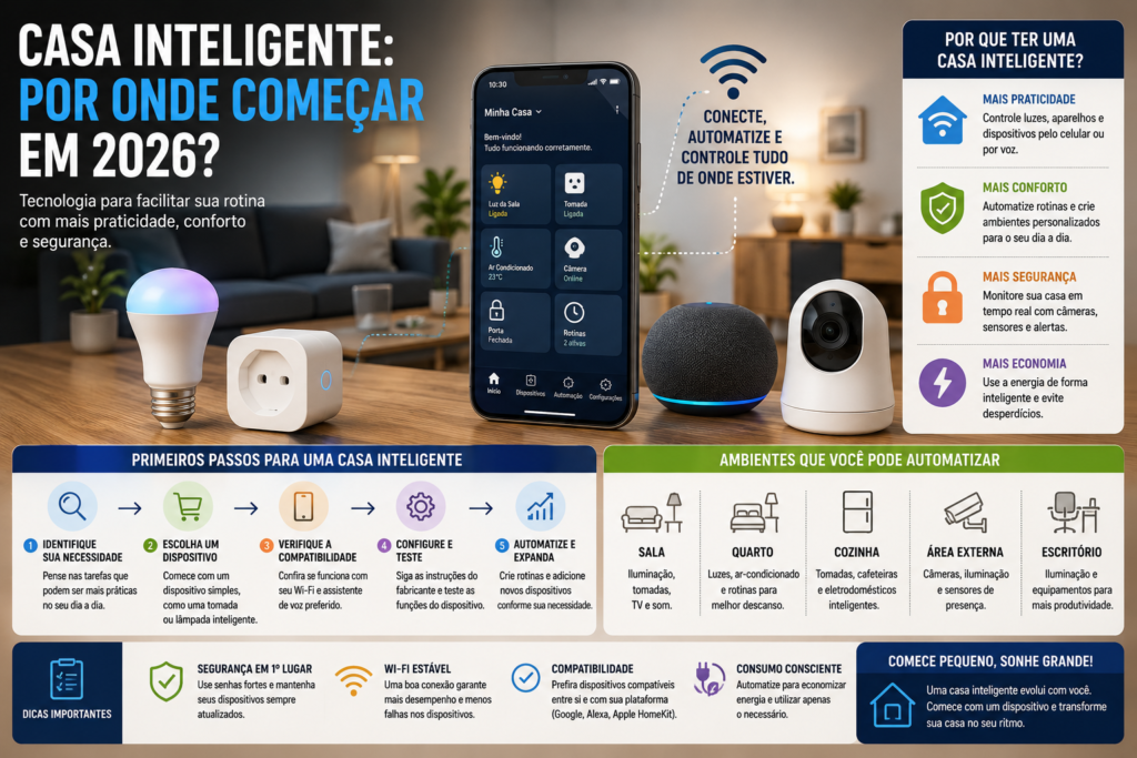 Casa inteligente em 2026 com dispositivos conectados, automação residencial, Wi-Fi, segurança e controle pelo celular.