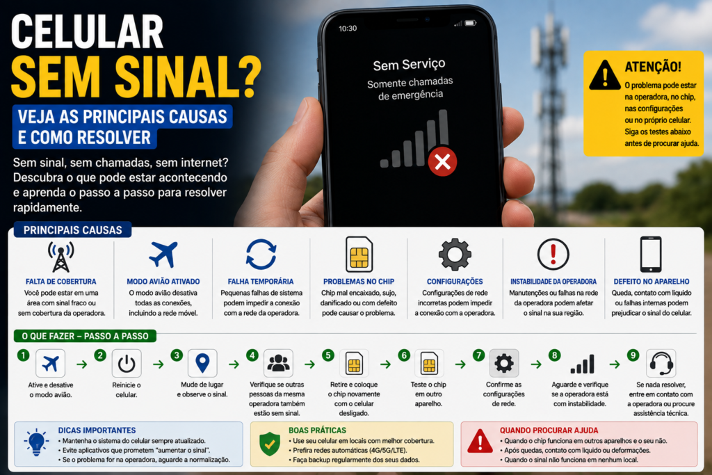 Celular sem sinal, mostrando smartphone sem serviço e possíveis causas como cobertura, chip, operadora e configurações de rede.