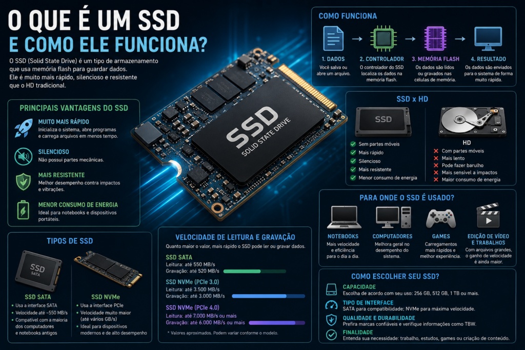 O que é um SSD e como ele funciona, mostrando memória flash, controlador, tipos SATA e NVMe e diferenças em relação ao HD.