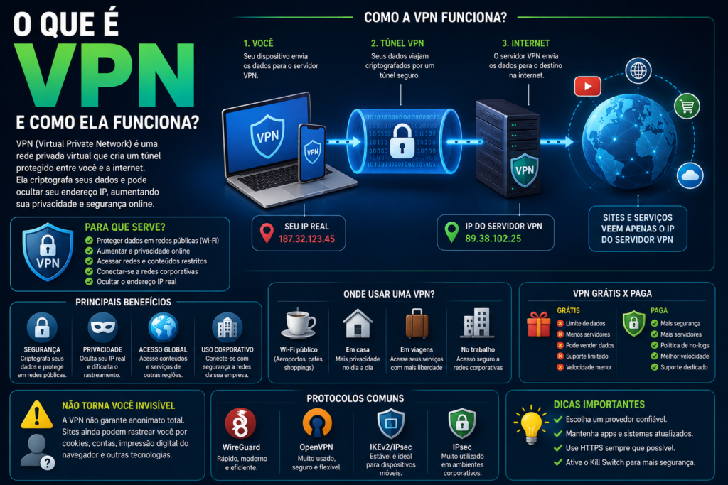 O que é VPN e como ela funciona, mostrando conexão criptografada entre dispositivo, servidor VPN e internet.
