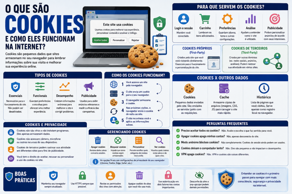 O que são cookies e como eles funcionam na internet, mostrando tipos de cookies, login, carrinho, preferências, publicidade, privacidade e gerenciamento no navegador.