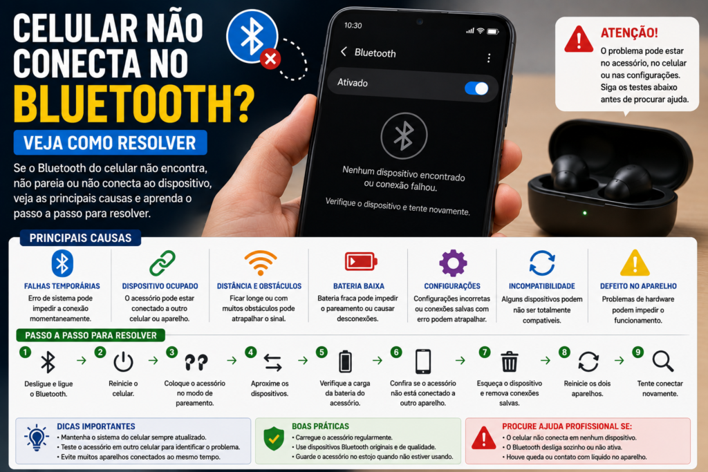 Celular não conecta no Bluetooth, mostrando smartphone tentando parear com fones sem fio e possíveis causas do problema.