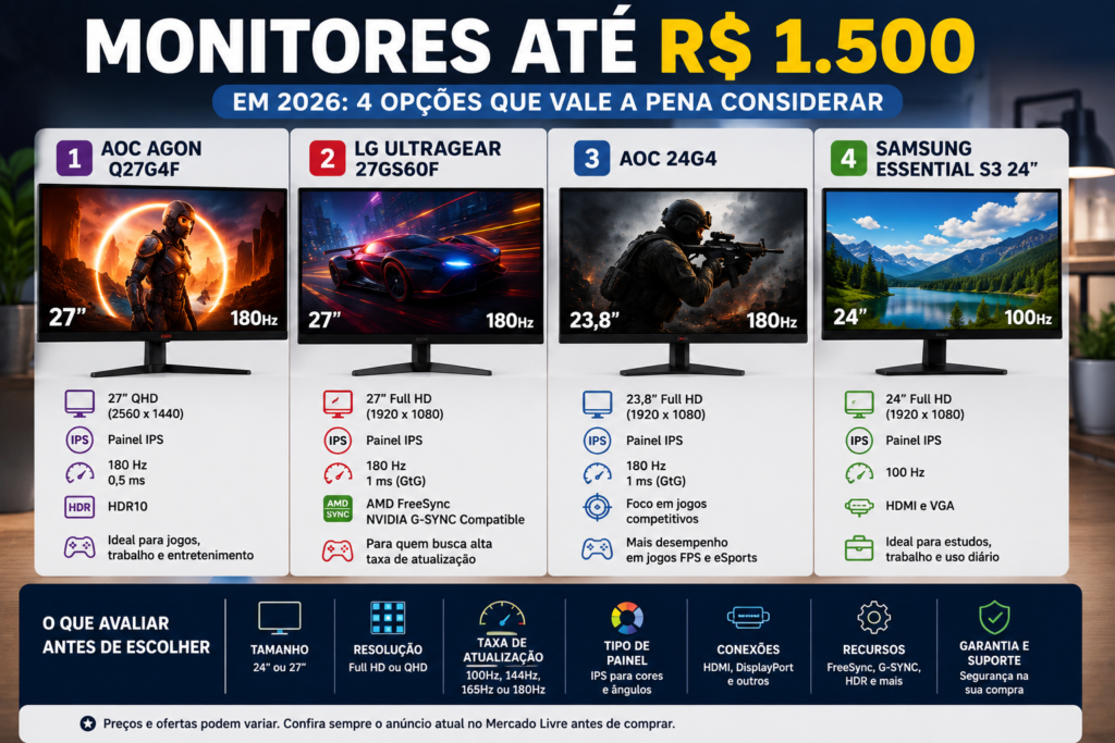 Monitores até R$ 1.500 em 2026 com comparação de modelos, tamanho, resolução, taxa de atualização, painel e recursos.