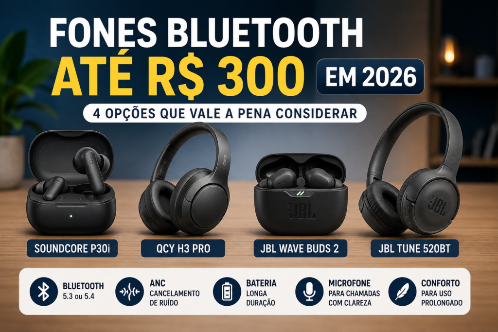 Confira os melhores fones Bluetooth até R$ 300 em 2026 e compare qualidade de som, bateria, conforto, ANC e recursos antes de comprar.