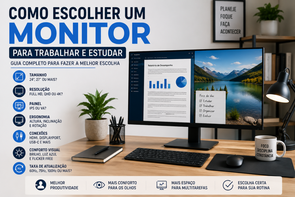 Como escolher um monitor para trabalhar e estudar, considerando tamanho, resolução, painel, ergonomia, conexões, conforto visual e taxa de atualização.