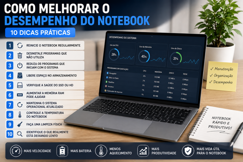 Como melhorar o desempenho do notebook com 10 dicas práticas para aumentar a velocidade, reduzir o aquecimento e melhorar a produtividade.