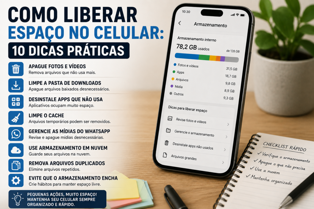 Como liberar espaço no celular com 10 dicas práticas para organizar fotos, vídeos, aplicativos, downloads, cache e arquivos.