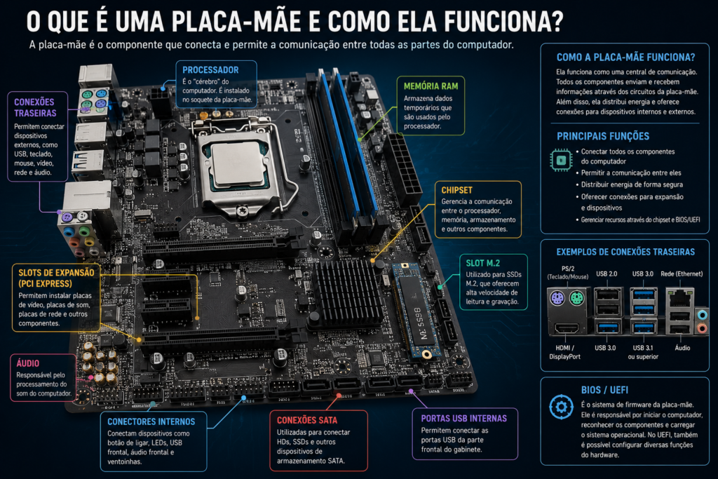 O que é uma placa-mãe e como ela funciona, mostrando processador, memória RAM, chipset, SSD, slots de expansão e conexões.