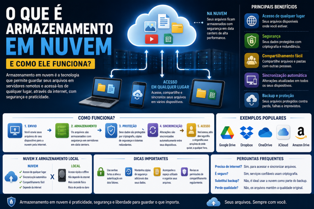 O que é armazenamento em nuvem e como ele funciona, mostrando arquivos armazenados em servidores e acessados por diferentes dispositivos.