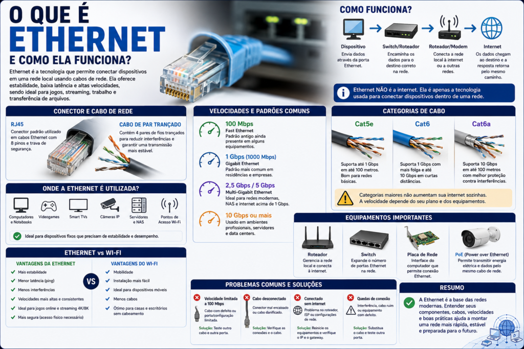 O que é Ethernet e como ela funciona, mostrando cabo de rede, conector RJ45, velocidades, categorias Cat5e, Cat6 e Cat6a, switch, roteador e diferenças para Wi-Fi.