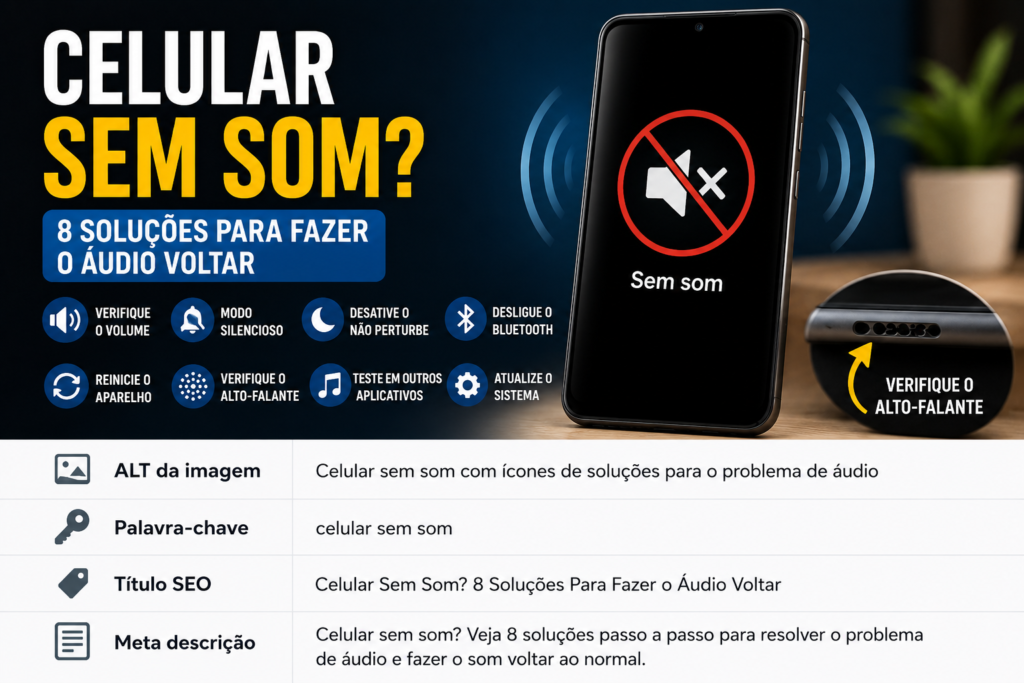 Celular sem som com ícones de soluções para o problema de áudio