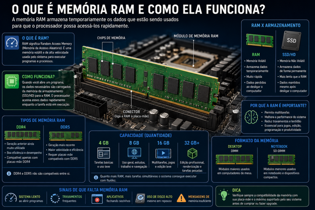 O que é memória RAM e como ela funciona, mostrando módulo de RAM, DDR4, DDR5, capacidades e diferença entre RAM e armazenamento.