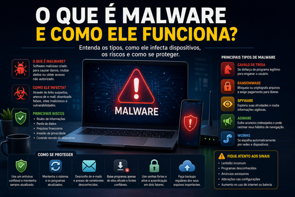 O que é malware e como ele funciona, mostrando tipos de malware, riscos, formas de infecção e maneiras de proteger computadores e celulares.