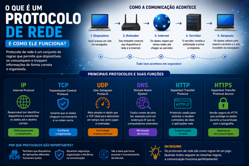 O que é um protocolo de rede e como ele funciona, mostrando IP, TCP, UDP, DNS, HTTP e HTTPS na comunicação entre dispositivos.