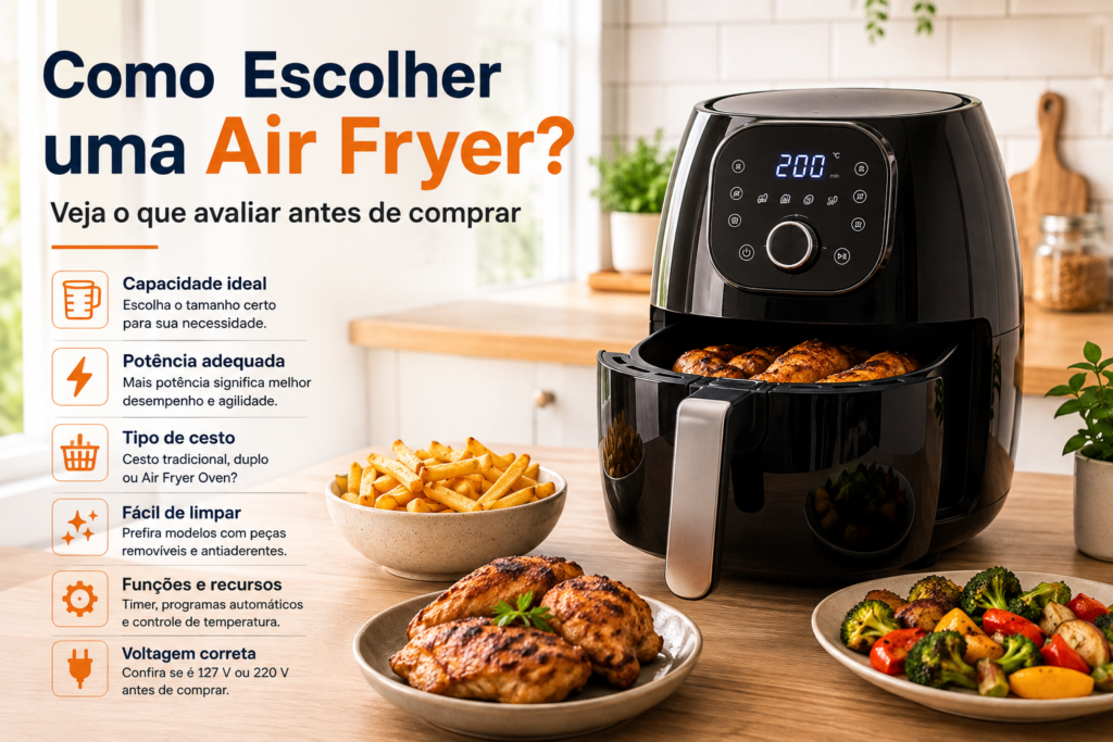 Como escolher uma air fryer considerando capacidade, potência, tipo de cesto e recursos