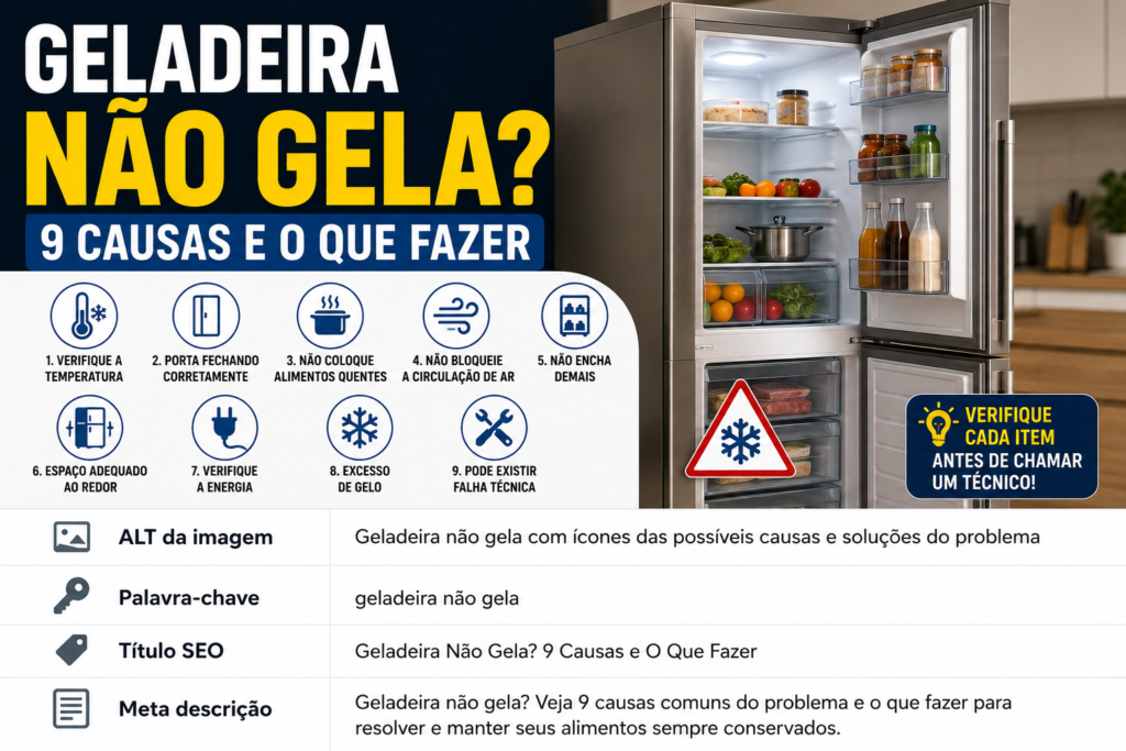 Geladeira não gela com ícones das possíveis causas e soluções do problema